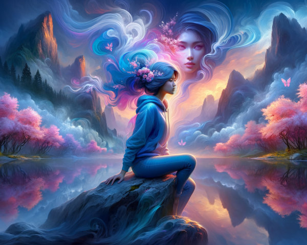 Dreamlike Landscape with Serene Figure by Lake