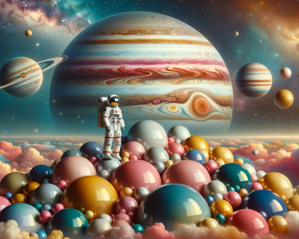 Astronaut on Colorful Mound with Planets and Galaxies