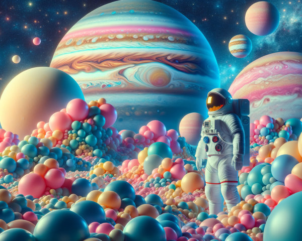 Astronaut in a Surreal Landscape with Colorful Spheres