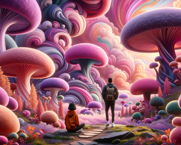 Surreal Landscape with Towering Colorful Mushrooms