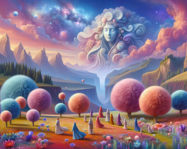 Surreal Landscape with Fluffy Trees and Ethereal Figures