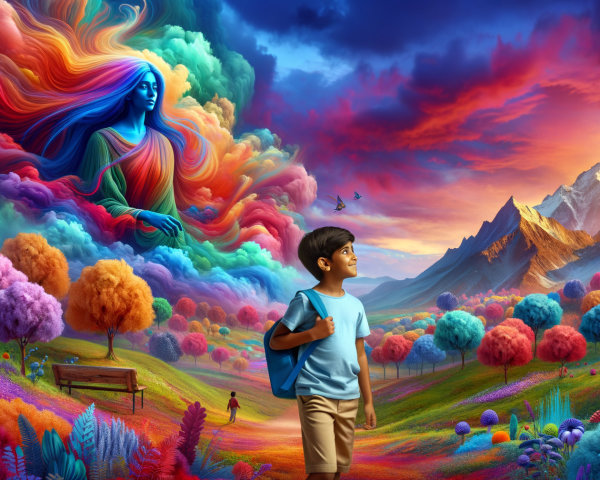 Surreal Landscape with a Boy and Colorful Nature