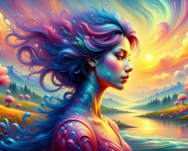 Vibrant Surreal Landscape with Woman and Sunset Colors