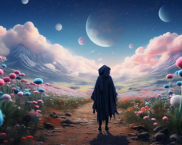 Hooded Figure Walking Through Colorful Flower Field