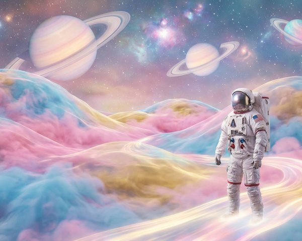 Astronaut in White Suit on Pastel Cloud Landscape