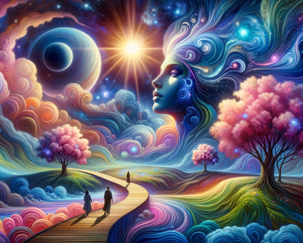 Surreal Landscape with Celestial Elements and Figures