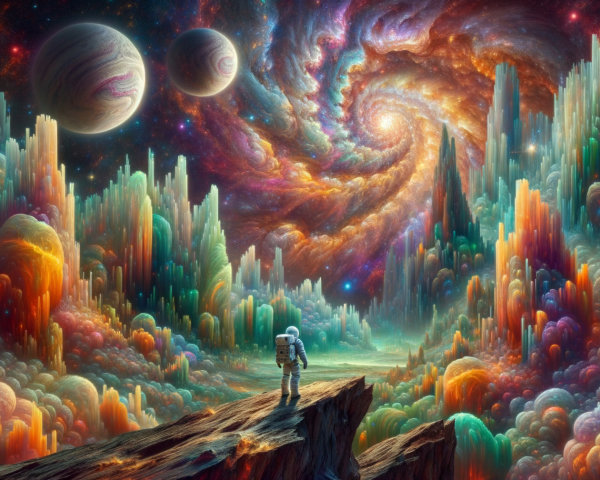 Astronaut on Cliff in Vibrant Cosmic Landscape