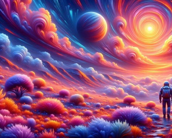 Cosmic Landscape with Astronaut and Alien Flora