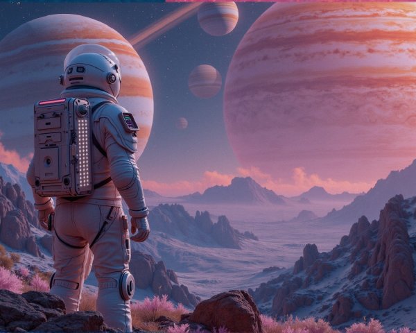 Astronaut Observing Alien Planet with Gas Giants
