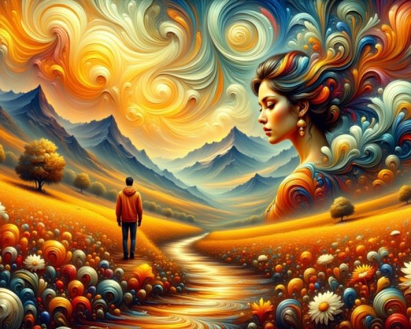 Vibrant Landscape with Colorful Clouds and Flowers