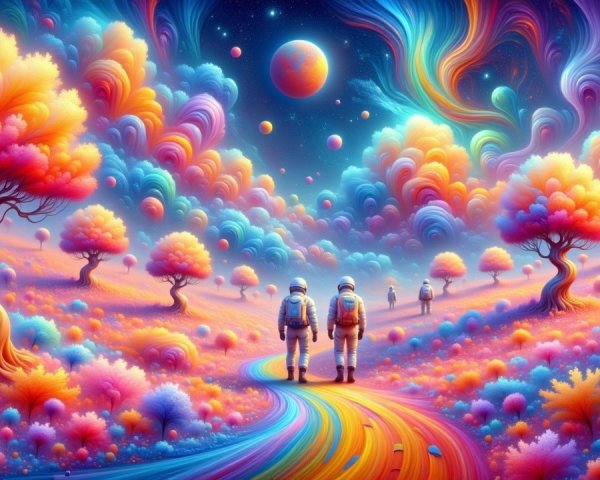 Surreal Landscape with Astronauts and Colorful Path