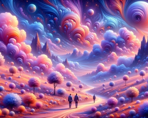 Surreal Landscape with Vibrant Clouds and Figures