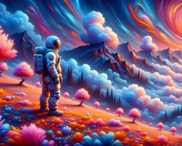 Astronaut in Surreal Landscape with Vivid Sky and Trees