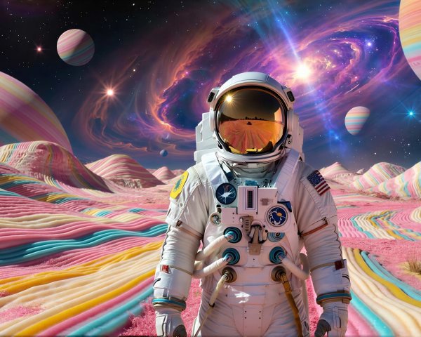 Astronaut in Spacesuit on Colorful Alien Planet