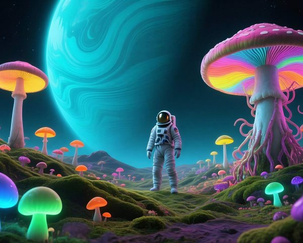 Astronaut on a Colorful Alien Landscape with Mushrooms
