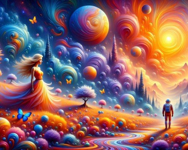 Surreal Landscape with Astronaut and Ethereal Woman