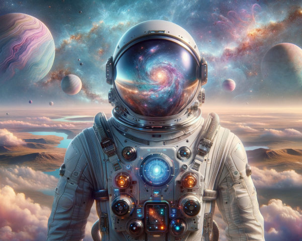 Astronaut in Cosmic Landscape with Vibrant Galaxies