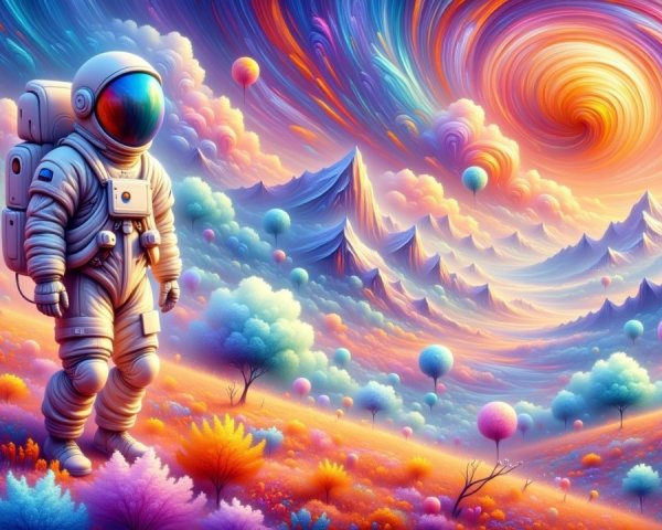 Astronaut in a Surreal Colorful Landscape Scene