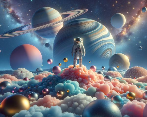 Astronaut on Colorful Clouds in Cosmic Landscape