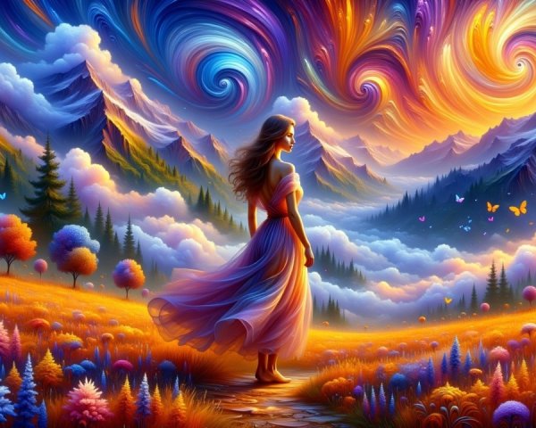 Vibrant Landscape with Woman and Majestic Mountains