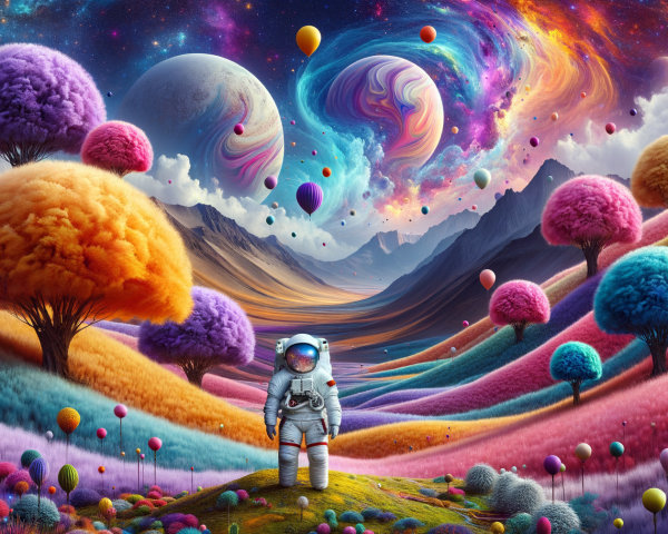 Surreal Landscape with Colorful Trees and Astronaut