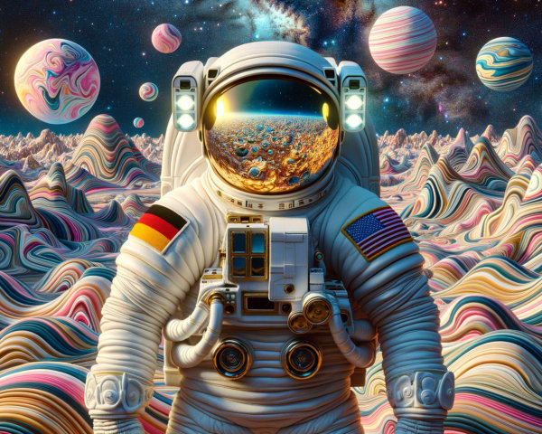 Astronaut with Flags and Psychedelic Mountain Landscape
