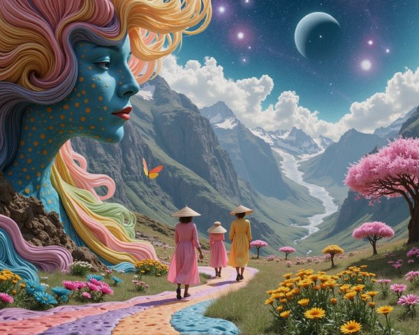 Vibrant Landscape with Woman's Face and Nature Elements