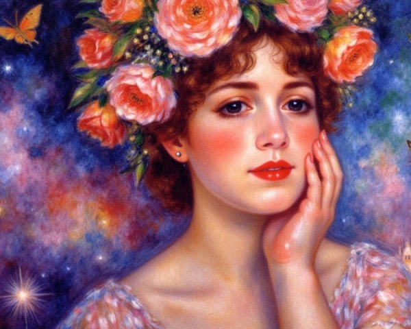 Ethereal Woman with Floral Crown in Dreamlike Setting