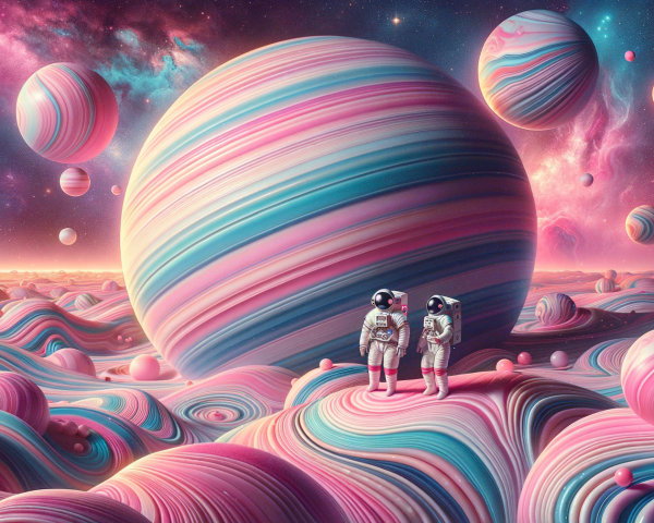 Astronauts on a pastel cosmic landscape with planets
