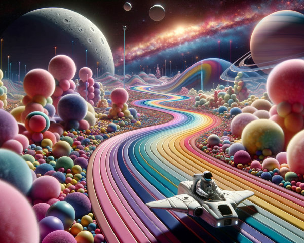 Whimsical Cosmic Landscape with Colorful Path and Spheres