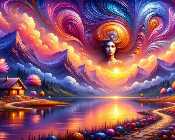 Vibrant Dreamlike Landscape with Serene Lake and Cottage