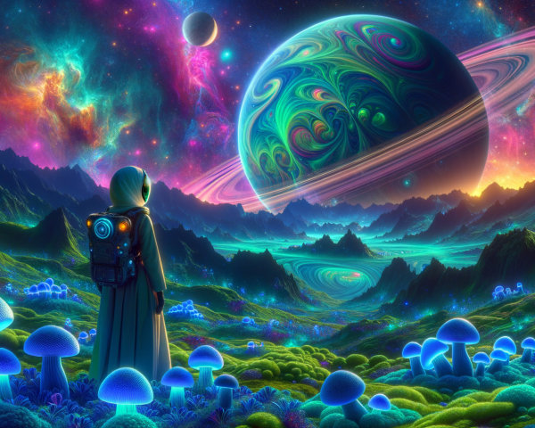 Alien Dreamscape with Astronaut and Colorful Nebula