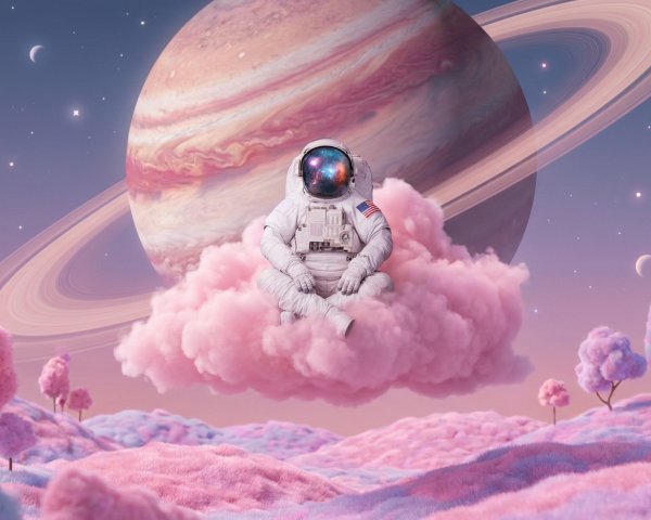 Astronaut on a Cloud in a Colorful Cosmic Landscape