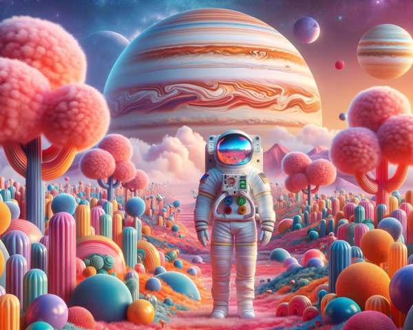 Whimsical Landscape with Astronaut and Colorful Trees