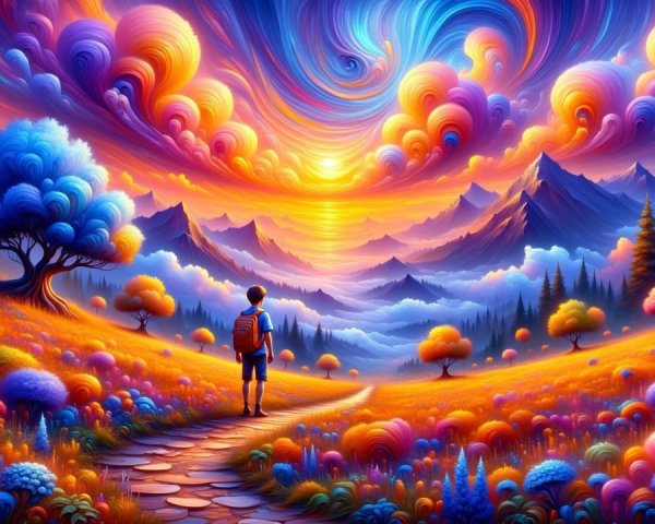 Vibrant Landscape with Young Traveler on Winding Path