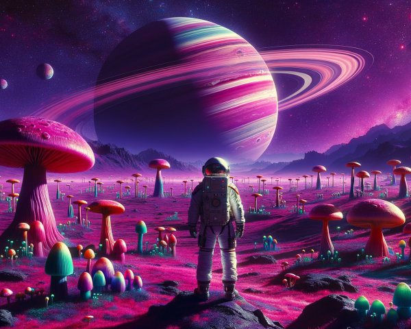 Astronaut on Rocky Mound with Colorful Planet and Mushrooms