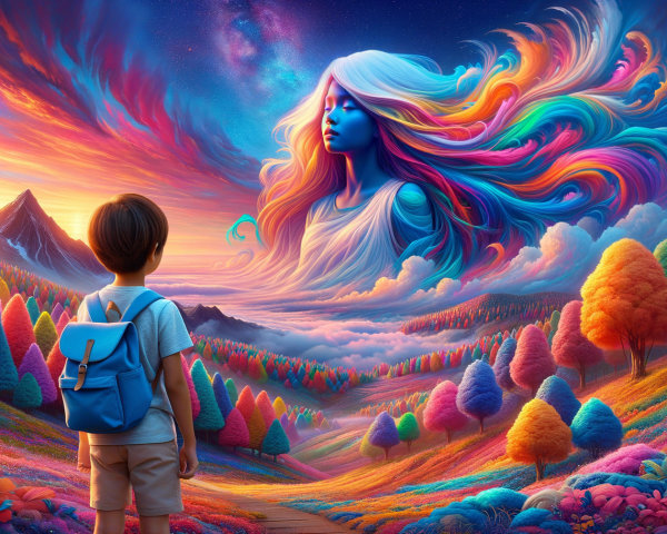 Young boy on colorful path under cosmic figure