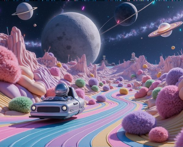 Whimsical Landscape with Pastel Hills and Retro Car