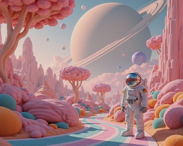 Surreal Landscape with Astronaut and Colorful Formations