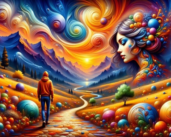 Vibrant landscape with hills, spheres, and mountains