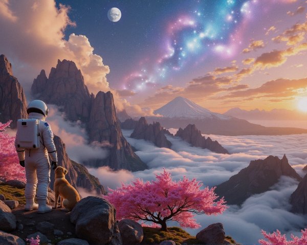 Astronaut and Dog in a Celestial Landscape with Fuji