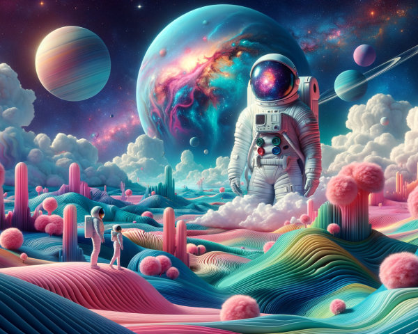 Astronaut in a Colorful Dreamlike Landscape Exploration