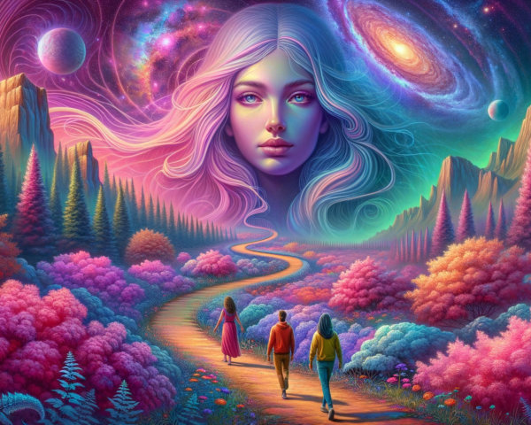 Vibrant Dreamlike Landscape with Cosmic Elements