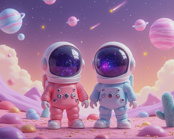 Futuristic Cartoon Astronauts on Colorful Alien Planet