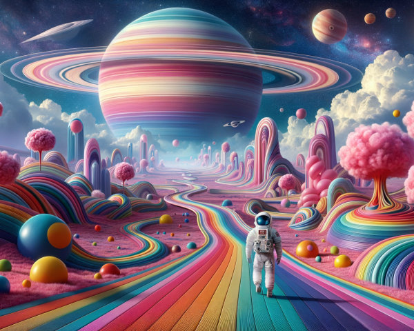 Surreal Landscape with Rainbow Path and Astronaut