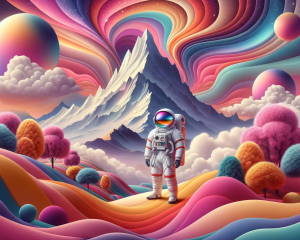 Surreal Landscape with Astronaut and Colorful Elements