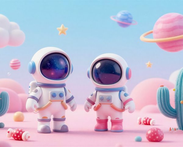 3D Astronauts on Pink Ground with Fluffy Hills