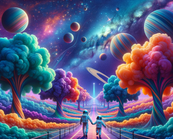 Astronauts on a colorful pathway in a cosmic landscape