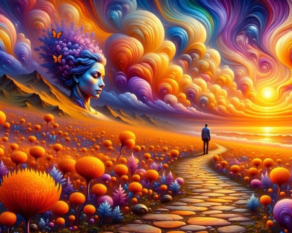 Surreal Landscape with Winding Pathway and Sunset