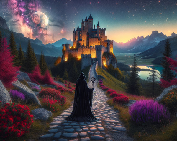Twilight Fantasy Landscape with Cloaked Figure and Castle